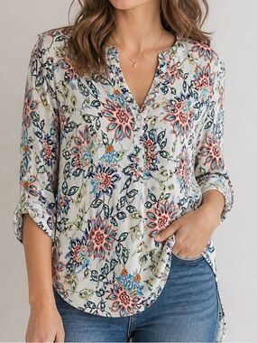 Daniel Rainn Floral Peasant Blouse Rayon Roll Tab Sleeve Size L